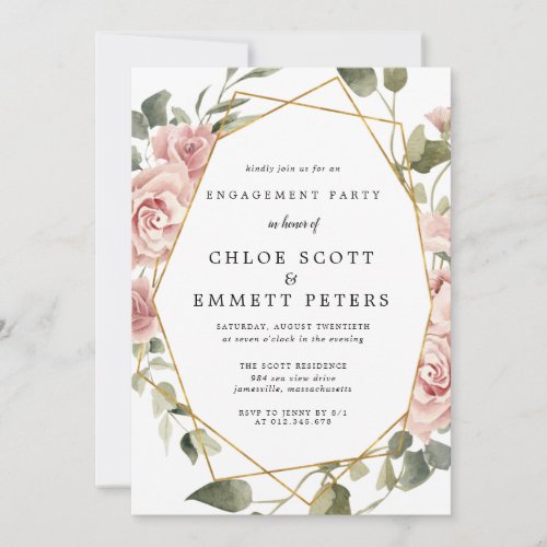 Dusty Pink Rose Geometric Frame Engagement Party Invitation