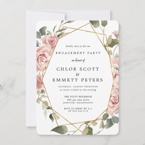 Dusty Pink Rose Geometric Frame Engagement Party Invitation
