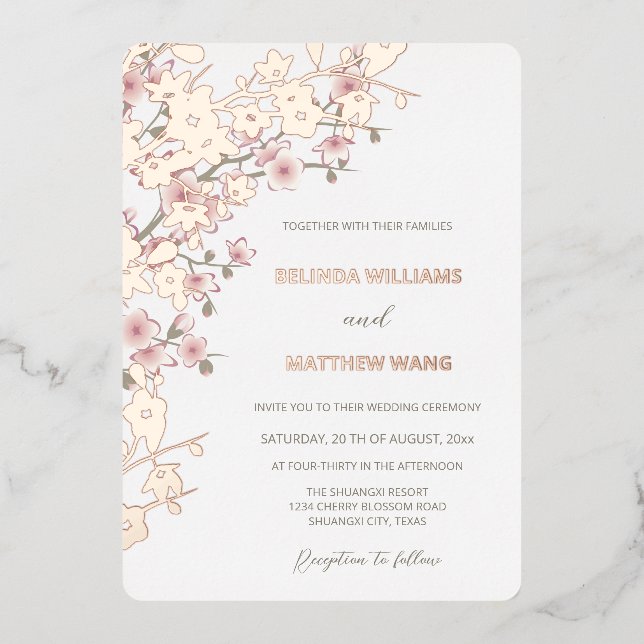 Dusty Pink Rose Gold Cherry Blossom Wedding Foil Invitation (Front)