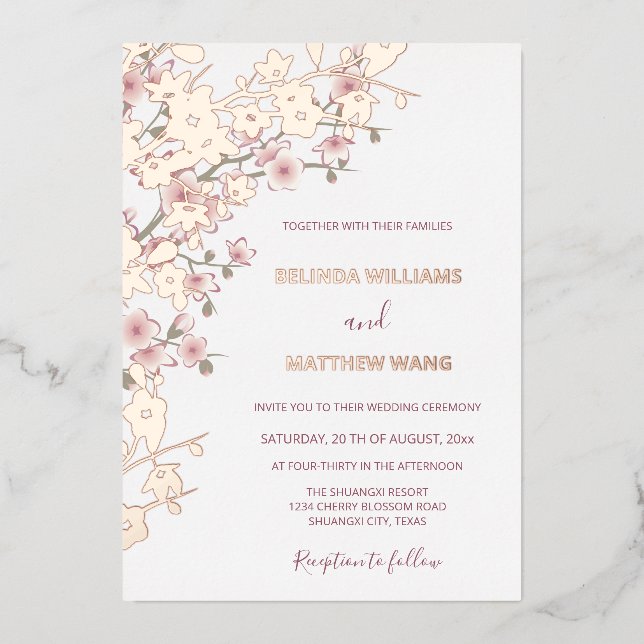 Dusty Pink Rose Gold Cherry Blossom Wedding Foil Invitation (Front)