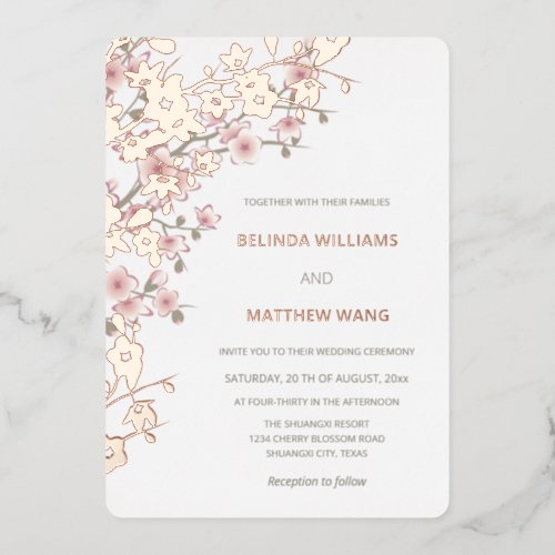 Dusty Pink Rose Gold Cherry Blossom Wedding Foil Invitation