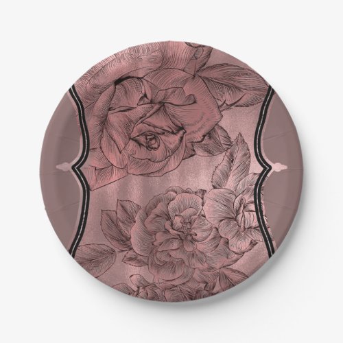 Dusty Pink Rose Gold Elegant Glam Floral Chic Paper Plates
