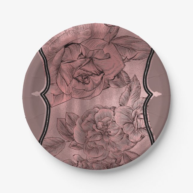 Dusty Pink Rose Gold Elegant Glam Floral Chic Paper Plates (Front)