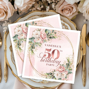 Dusty Pink Rose Gold Floral 50th Birthday Dinner  Napkins