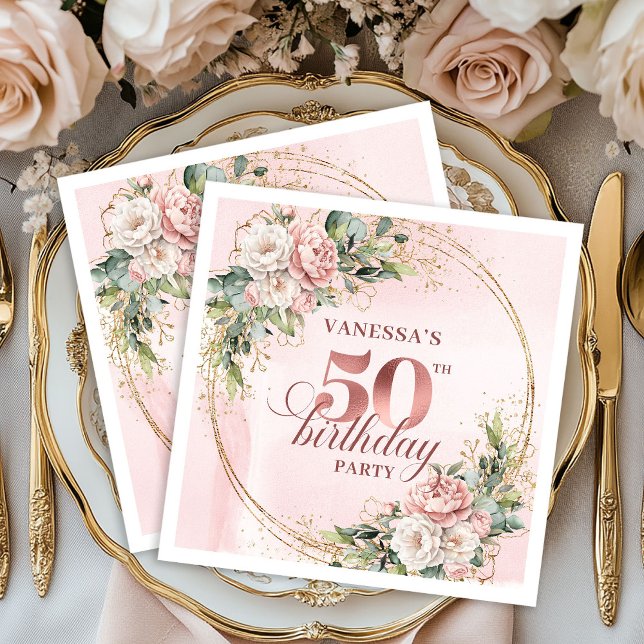 Dusty Pink Rose Gold Floral 50th Birthday Dinner  Napkins (Dusty Pink Rose Gold Floral 50th Birthday Dinner Napkins

)