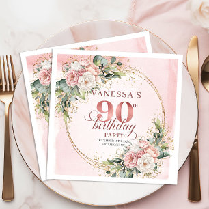 Dusty Pink Rose Gold Floral 90th Birthday Party   Napkins