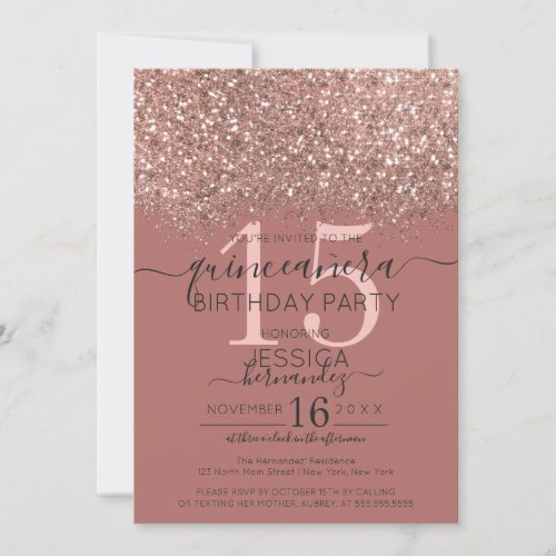 Dusty Pink Rose Gold Glitter Confetti Quinceaera Invitation