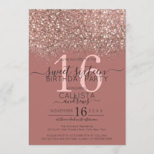 Dusty Pink Rose Gold Glitter Confetti Sweet 16 Invitation