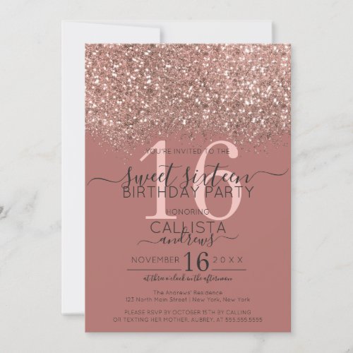 Dusty Pink Rose Gold Glitter Confetti Sweet 16 Invitation