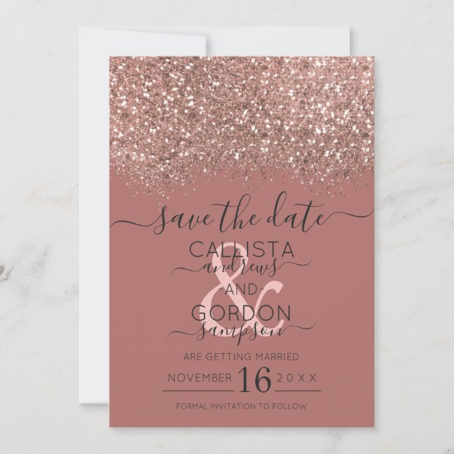 Dusty Pink Rose Gold Glitter Confetti Wedding Save The Date (Front)