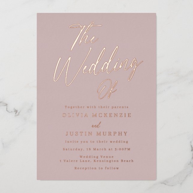 Dusty Pink & Rose Gold Modern Wedding Foil Invitation (Front)
