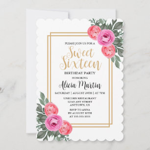 Dusty Pink Rose Greenery Botanical Gold Sweet 16 Invitation