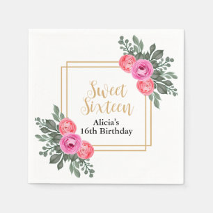 Dusty Pink Rose Greenery Botanical Gold Sweet 16 Napkins