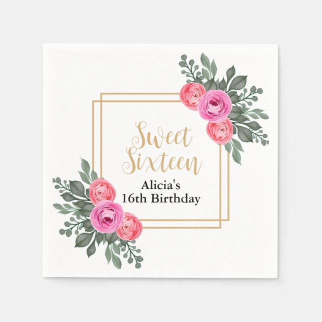 Dusty Pink Rose Greenery Botanical Gold Sweet 16 Napkins (Front)