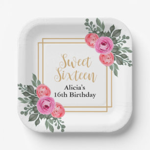 Dusty Pink Rose Greenery Botanical Gold Sweet 16 Paper Plates