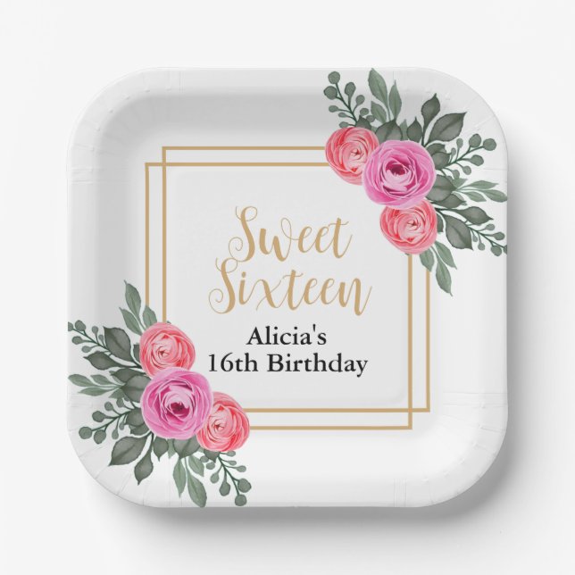 Dusty Pink Rose Greenery Botanical Gold Sweet 16 Paper Plates (Front)