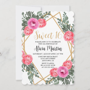 Dusty Pink Rose Greenery Flora Gold Sweet 16 Invitation