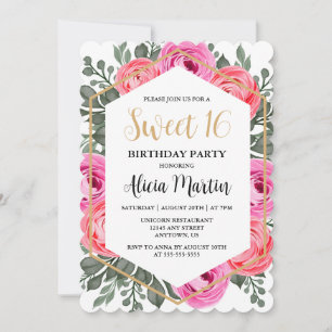 Dusty Pink Rose Greenery Flora Sweet 16 Invitation