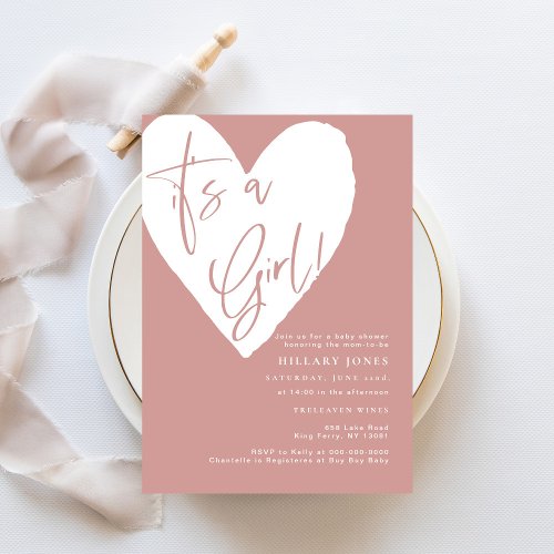 Dusty Pink Rose Its a girl heart Baby Shower Invitation