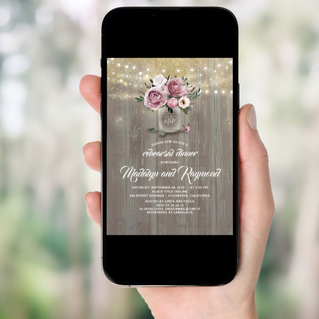 Dusty Pink Rose Mason Jar Rustic Rehearsal Dinner Invitation (Front Digital)