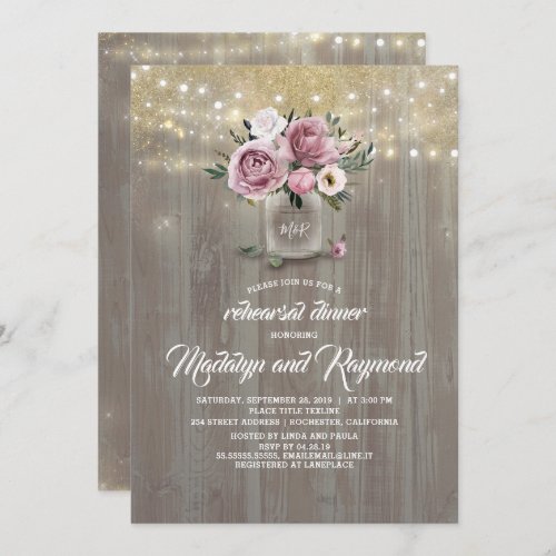 Dusty Pink Rose Mason Jar Rustic Rehearsal Dinner Invitation