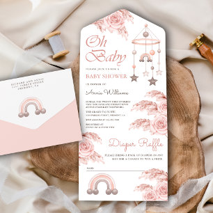 Dusty Pink Rose Pampas Boho Rainbow Baby Shower All In One Invitation