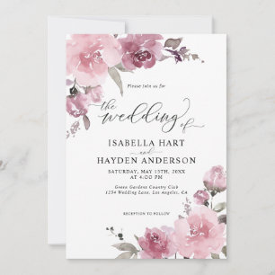 Dusty Pink Rose Pastel Floral Mauve Flower Wedding Invitation