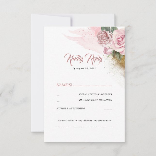 Dusty Pink Rose Romantic Wedding RSVP (Front)