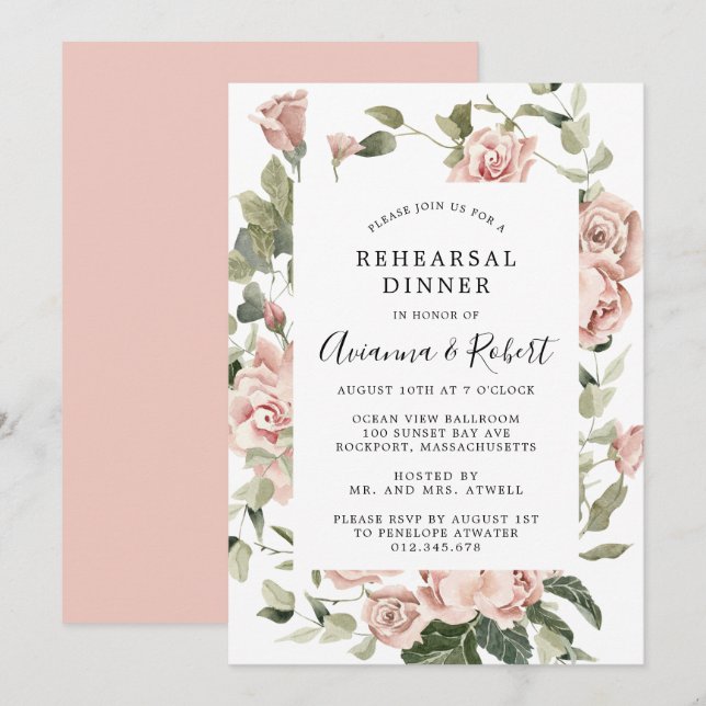 Dusty Pink Rose Rustic Floral Rehearsal Dinner Invitation (Front/Back)