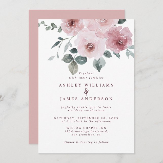 Dusty Pink Rose Wedding Invitation (Front/Back)