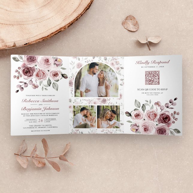 Dusty Pink Roses All in One QR Code Wedding Tri-Fold Invitation (Creator Uploaded)