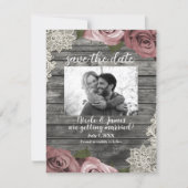 Dusty Pink Roses & Cream Lace Grey Save the Date  Invitation (Front)