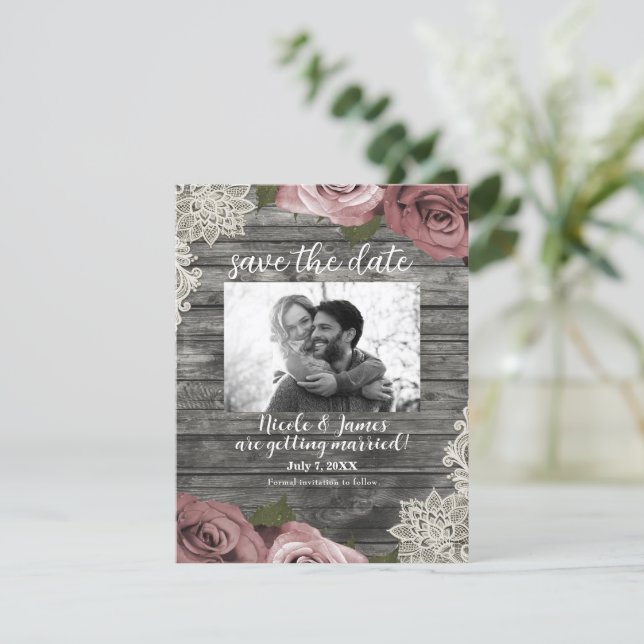 Dusty Pink Roses & Cream Lace Grey Save the Date  Invitation (Standing Front)
