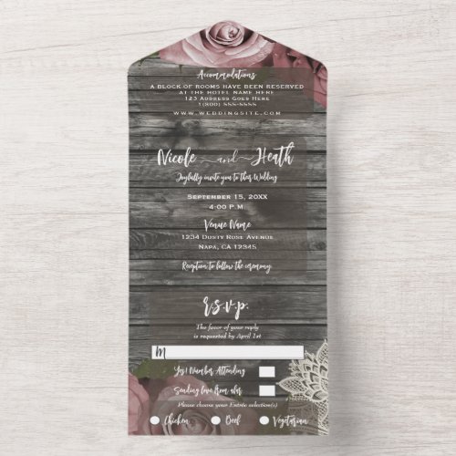 Dusty Pink Roses Cream Lace Rustic Grey Wedding All In One Invitation