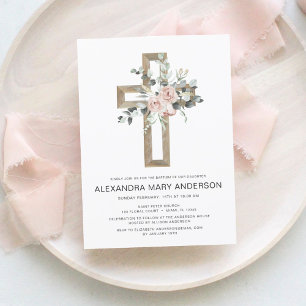 Dusty Pink Roses Cross Floral Baptism Invitation