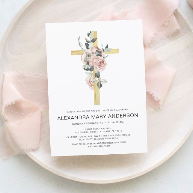 Dusty Pink Roses Cross Floral Baptism Invitation (Creator Uploaded)