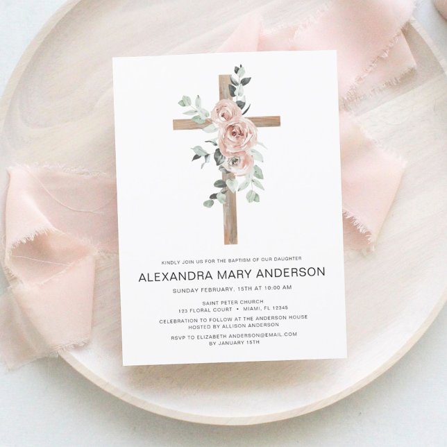 Dusty Pink Roses Cross Floral Baptism Invitation (Creator Uploaded)