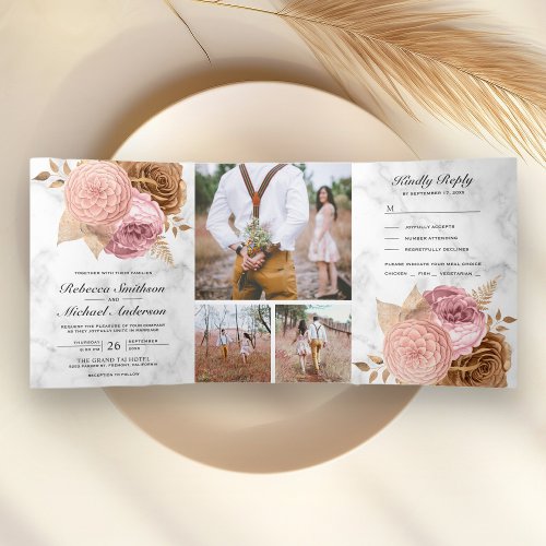 Dusty Pink Roses Earthy Floral Marble Wedding Tri_Fold Invitation