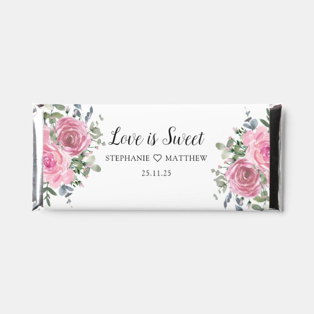 Dusty Pink Roses Eucalyptus Botancial Wedding Hershey Bar Favors (Front)