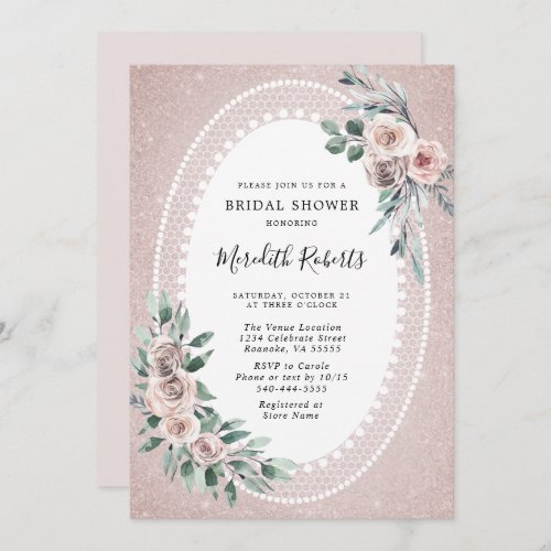 Dusty Pink Roses Eucalyptus Glitter Bridal Shower Invitation