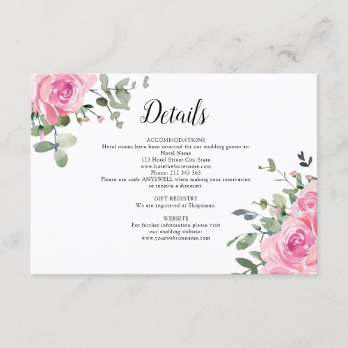 Dusty Pink Roses Eucalyptus Wedding Details Enclosure Card