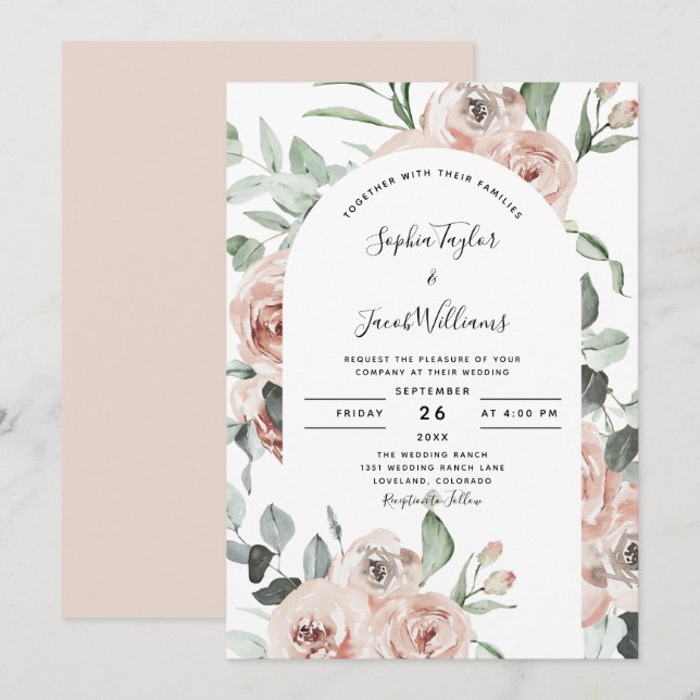 Dusty Pink Roses Floral Eucalyptus Wedding Invitation (Front/Back)