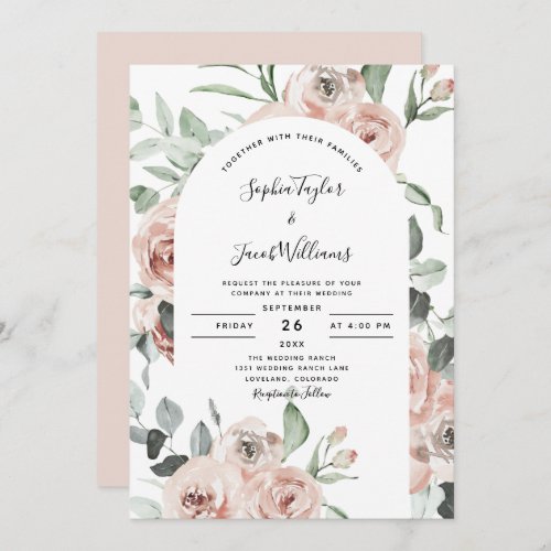 Dusty Pink Roses Floral Eucalyptus Wedding Invitation