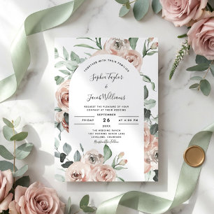 Dusty Pink Roses Floral Eucalyptus Wedding Invitation