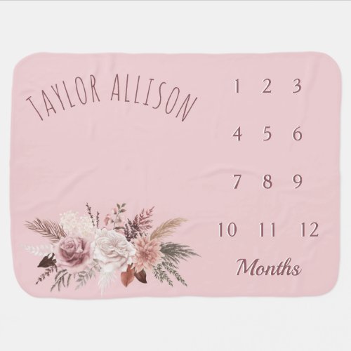 Dusty Pink Roses Floral Girl Milestone Botanical Baby Blanket