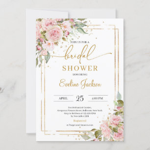 Dusty pink roses flowers blush gold geometric invitation