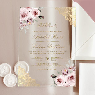 Dusty Pink Roses Gold Lace Muslim Wedding Acrylic Invitations