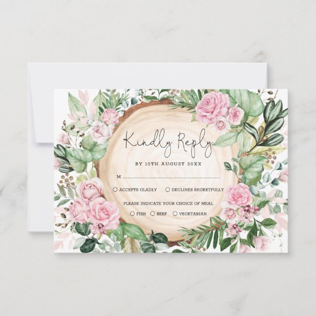 Dusty Pink Roses Greenery Forest Wedding RSVP Card (Front)