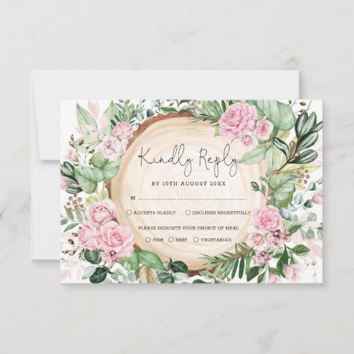Dusty Pink Roses Greenery Forest Wedding RSVP Card