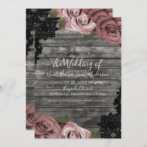 Dusty Pink Roses Grey Rustic Black Lace Wedding Invitation